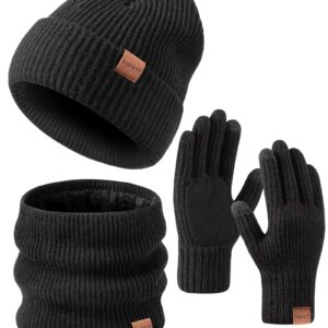 Winter Beanie Hat Gloves Set for Men Women, Hats for Men Touchscreen Gloves for Cold Weather, Fashion 3 in 1 Winter Warm Set(Black)