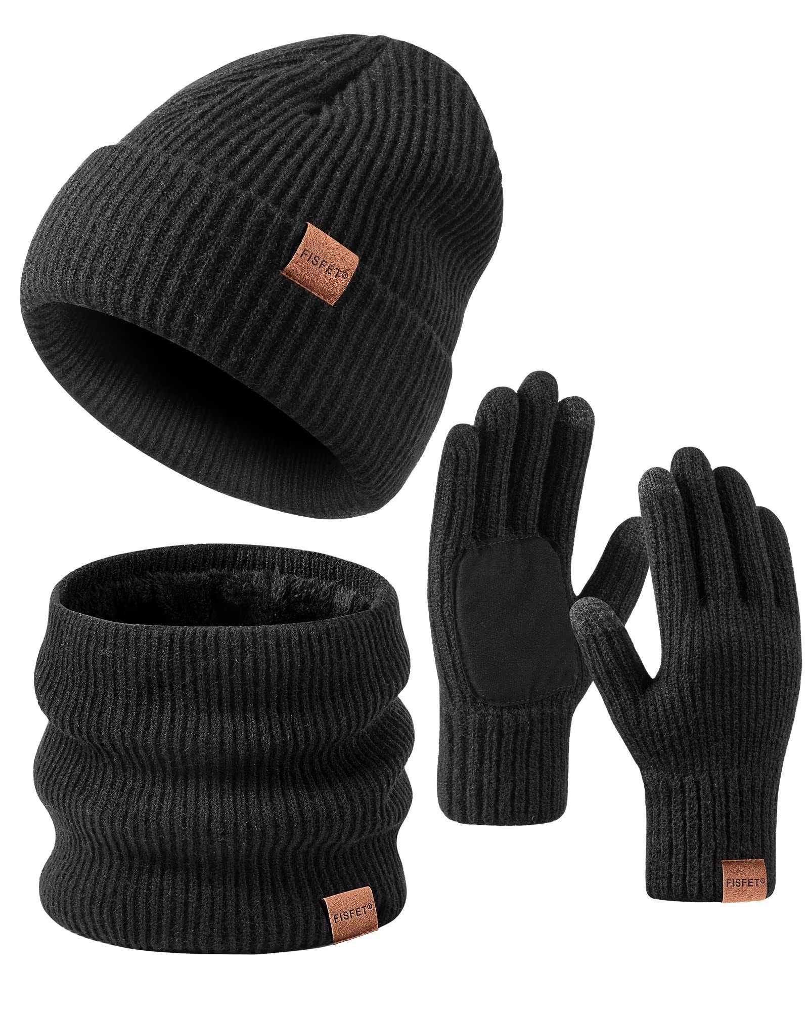 Winter Beanie Hat Gloves Set for Men Women, Hats for Men Touchscreen Gloves for Cold Weather, Fashion 3 in 1 Winter Warm Set(Black)