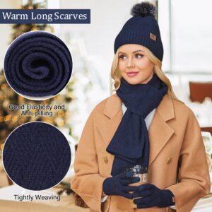 Womens Winter Warm Knit Beanie Hat Long Scarf Touchscreen Gloves Set with Fleece Lined Pom Skull Cap Gifts for Women