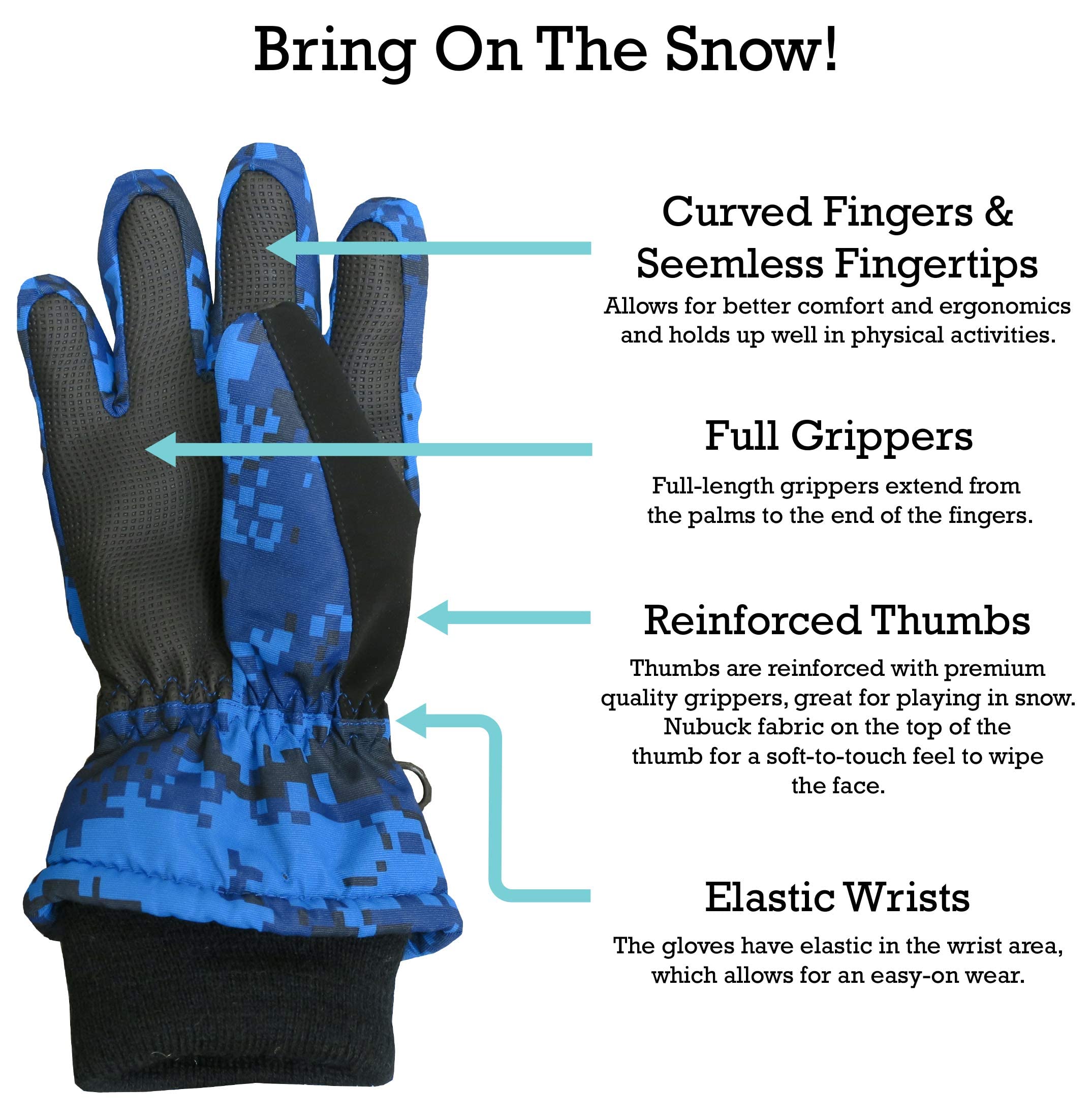 N'Ice Caps Kids Waterproof Winter Thinsulate Warm Gloves (Blue Digital Camo, 10-12 Years)