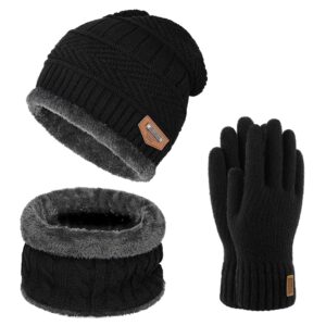 Warm Winter Beanie Hat & Scarf Set Stylish Knit Skull Cap for Men Women (05 Black)