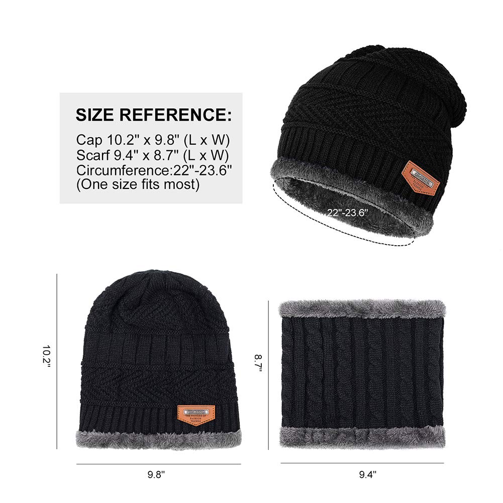 Warm Winter Beanie Hat & Scarf Set Stylish Knit Skull Cap for Men Women (05 Black)