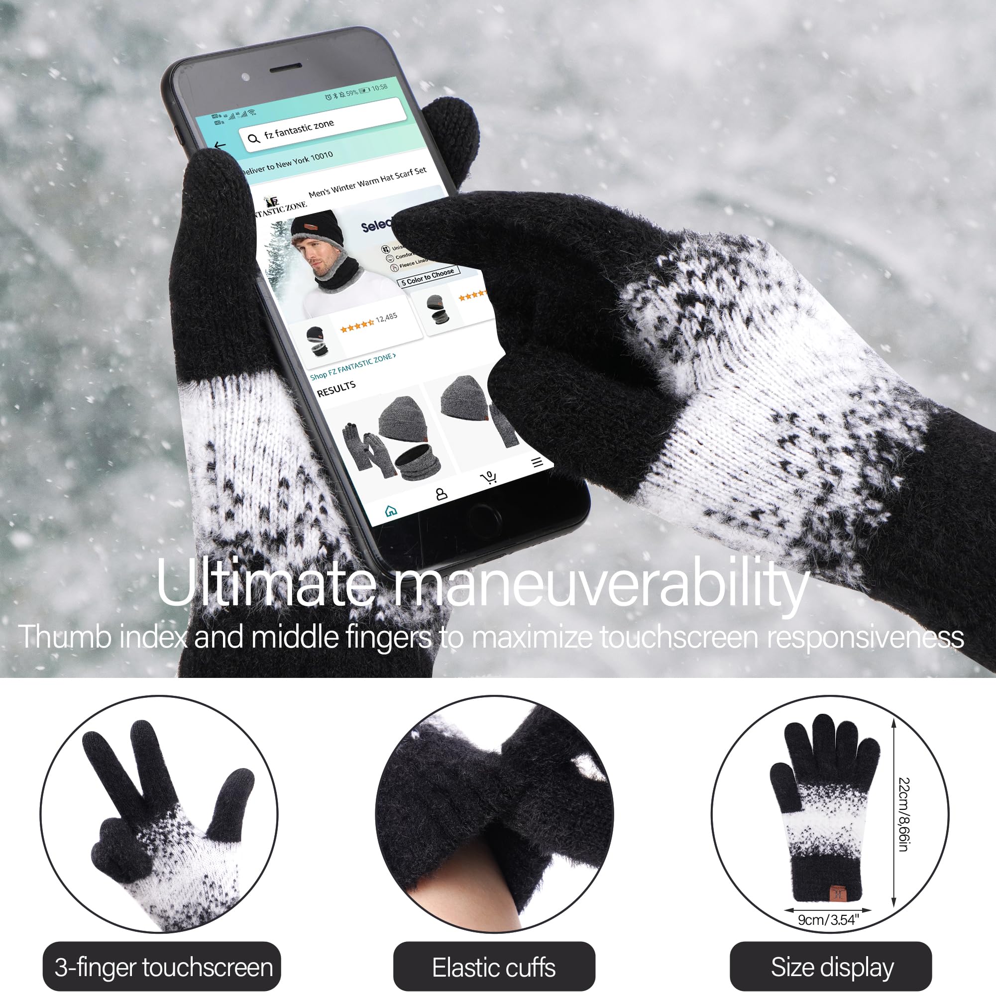 Womens Winter Knit Beanie Hats and Touchscreen Gloves Long Scarf Set with Warm Fleece Lined Skull Caps Gloves Scarves for Women