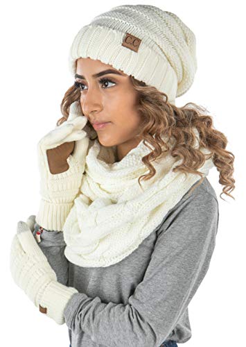 Funky Junque Oversized Beanie, Glove, & Scarf Bundle: Ivory