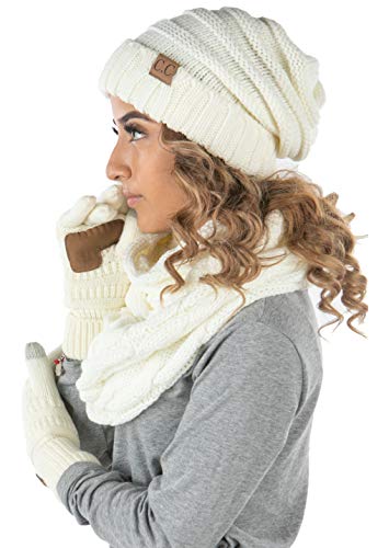 Funky Junque Oversized Beanie, Glove, & Scarf Bundle: Ivory