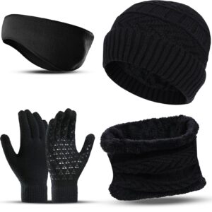 warm beanie hat scarf gloves set for men, includes fleece beanie hats,fleece scarf, winter knit glovesand ear warmers for men women (black)