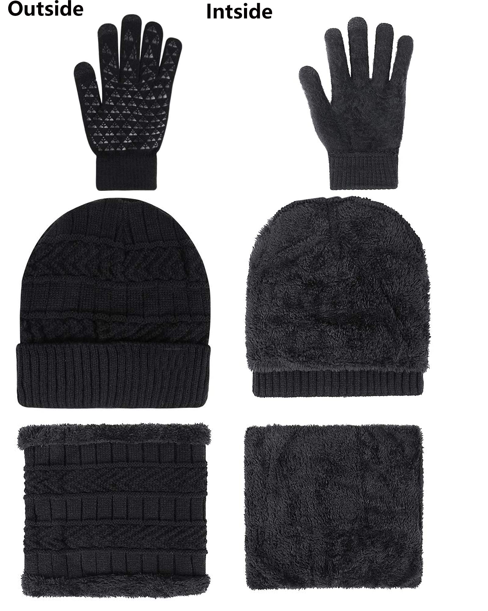 Warm Beanie Hat Scarf Gloves Set for Men, Includes Fleece Beanie Hats,Fleece Scarf, Winter Knit Glovesand Ear Warmers for Men Women (Black)