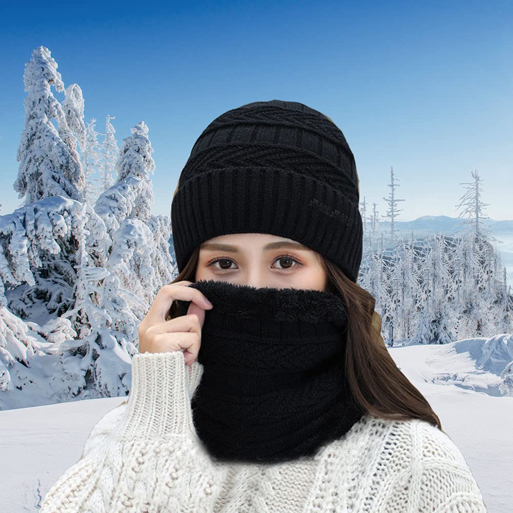 Warm Beanie Hat Scarf Gloves Set for Men, Includes Fleece Beanie Hats,Fleece Scarf, Winter Knit Glovesand Ear Warmers for Men Women (Black)
