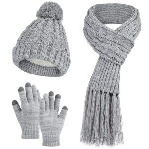 missshorthair women's beanie hat 3 in 1 warm long scarf touchscreen glove set of 3 winter thick chunky knitted pom pom cap(light gray)