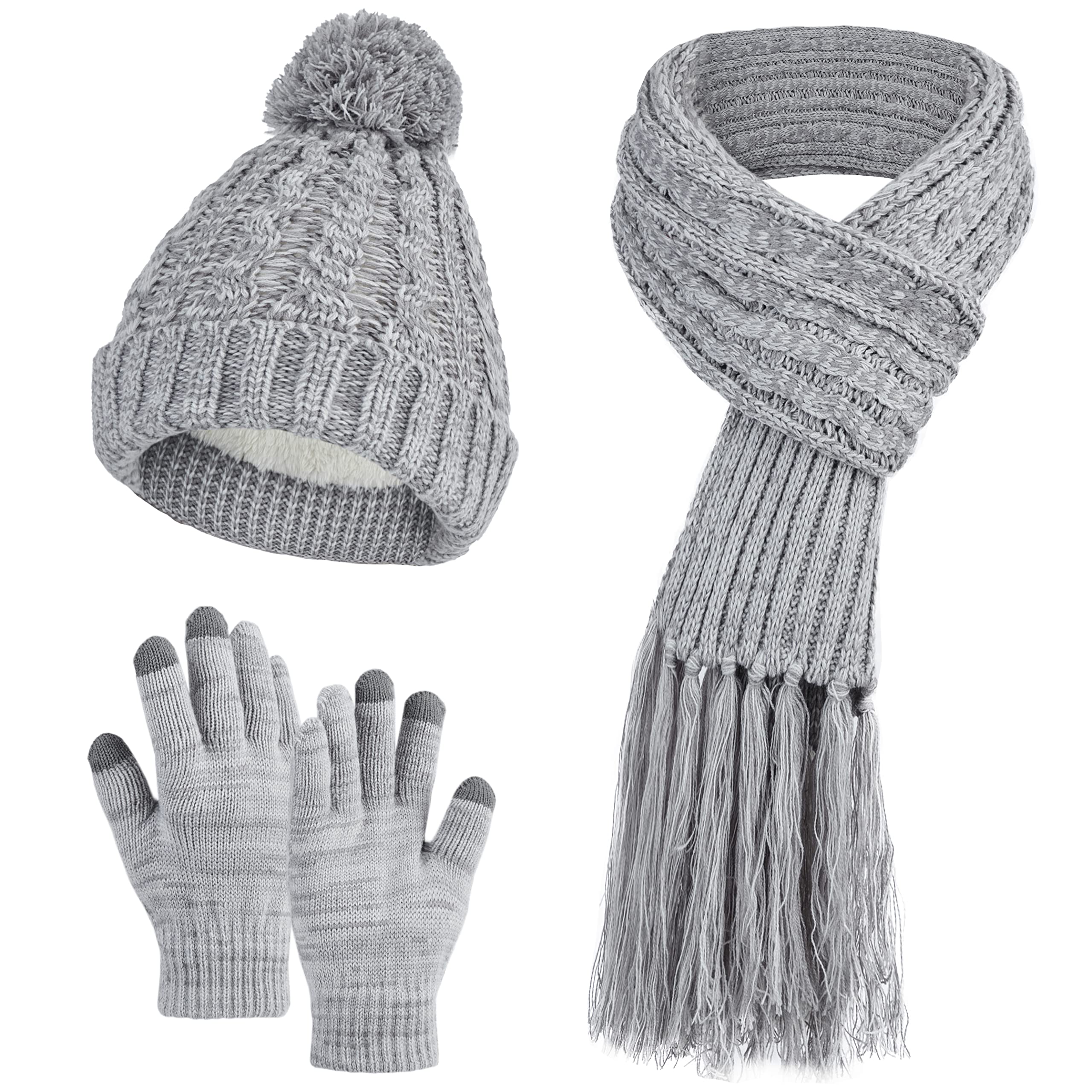 MissShorthair Women's Beanie Hat 3 in 1 Warm Long Scarf Touchscreen Glove Set of 3 Winter Thick Chunky Knitted Pom Pom Cap(Light gray)