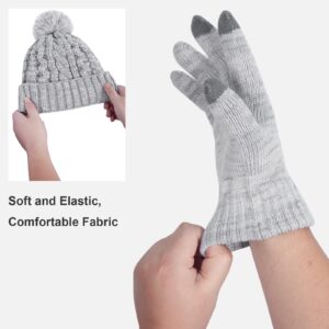 MissShorthair Women's Beanie Hat 3 in 1 Warm Long Scarf Touchscreen Glove Set of 3 Winter Thick Chunky Knitted Pom Pom Cap(Light gray)