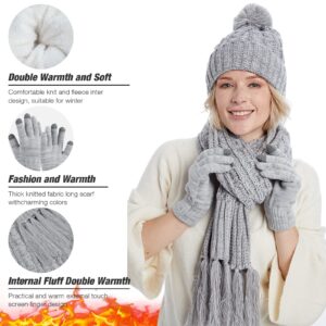 MissShorthair Women's Beanie Hat 3 in 1 Warm Long Scarf Touchscreen Glove Set of 3 Winter Thick Chunky Knitted Pom Pom Cap(Light gray)