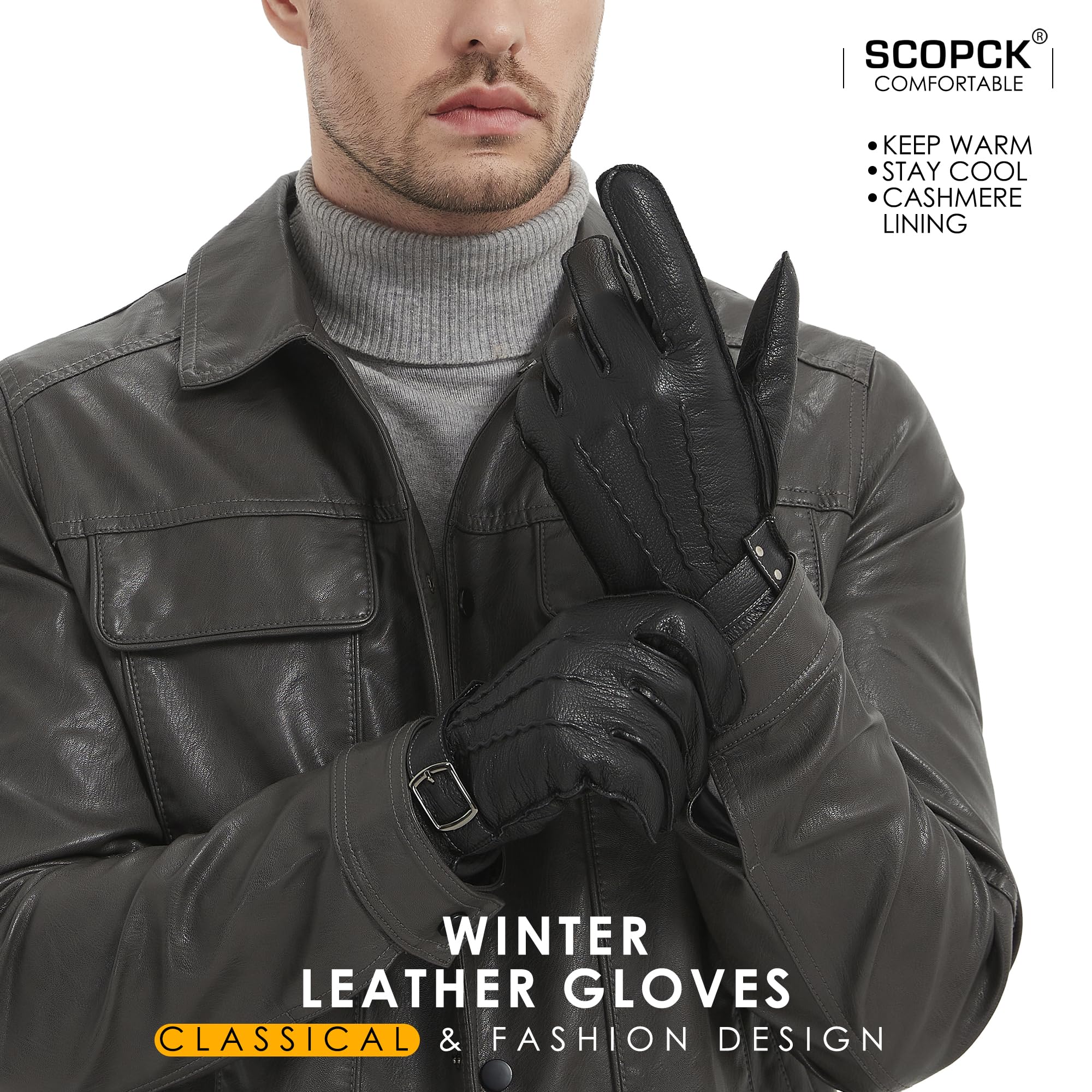 Genuine Sheepskin Leather Gloves for Men, Winter Warm Touchscreen Texting Driving Motorcycle Cashmere Lined Gloves (Black, L)