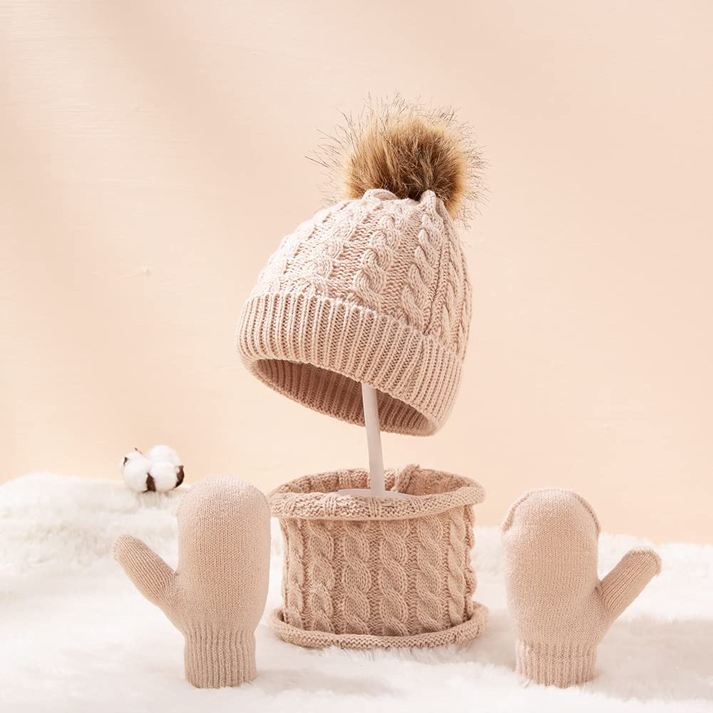 3Pcs Baby Beanie Hat Scarf Gloves Set Infant Knitted Cap Winter Warm Gloves Toddler Neck Warmer for Boys Girls 0-3 Years (Khaki)