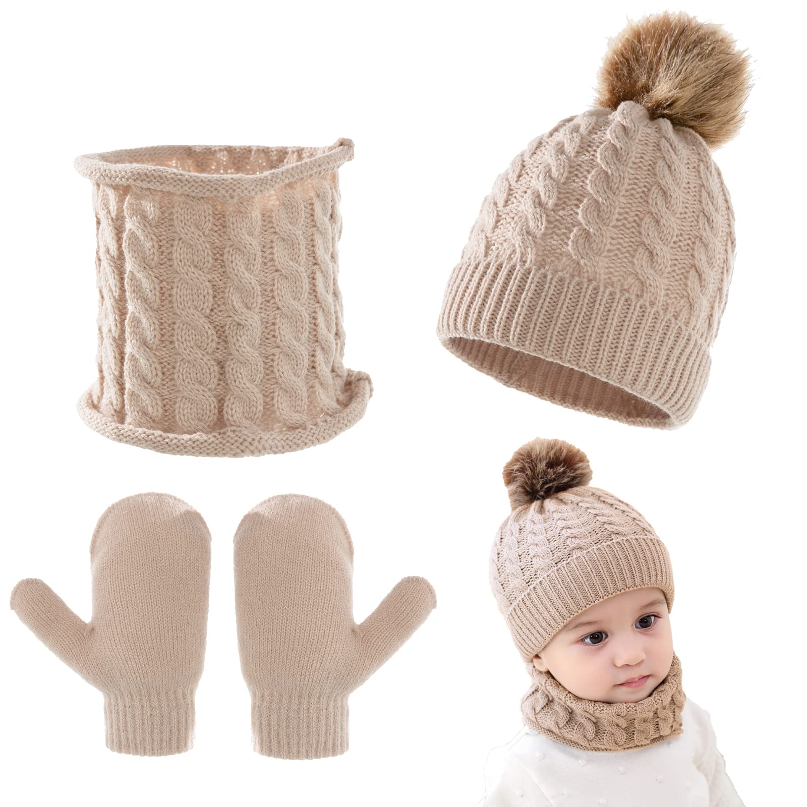 3Pcs Baby Beanie Hat Scarf Gloves Set Infant Knitted Cap Winter Warm Gloves Toddler Neck Warmer for Boys Girls 0-3 Years (Khaki)