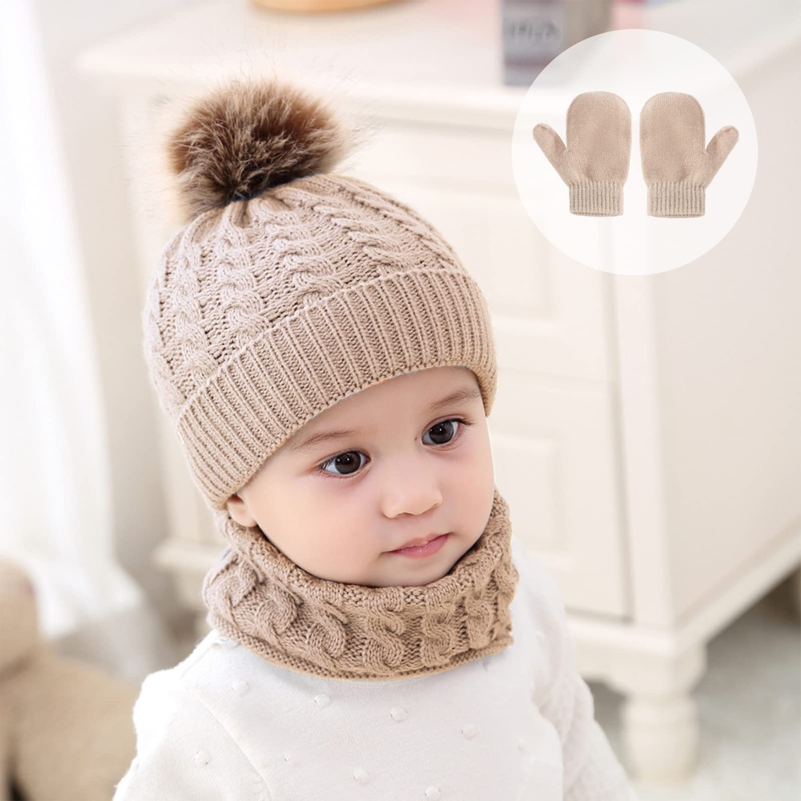 3Pcs Baby Beanie Hat Scarf Gloves Set Infant Knitted Cap Winter Warm Gloves Toddler Neck Warmer for Boys Girls 0-3 Years (Khaki)