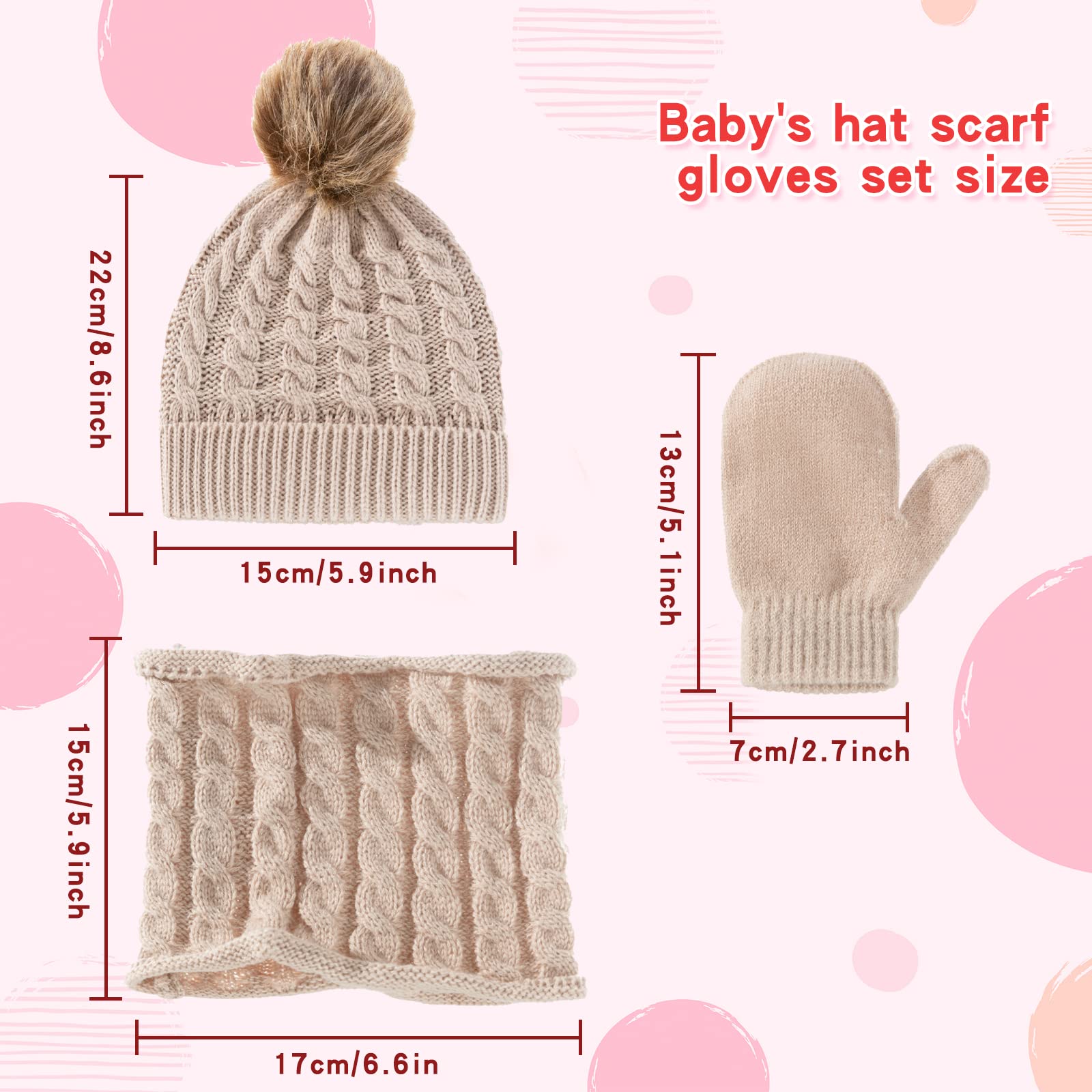 3Pcs Baby Beanie Hat Scarf Gloves Set Infant Knitted Cap Winter Warm Gloves Toddler Neck Warmer for Boys Girls 0-3 Years (Khaki)