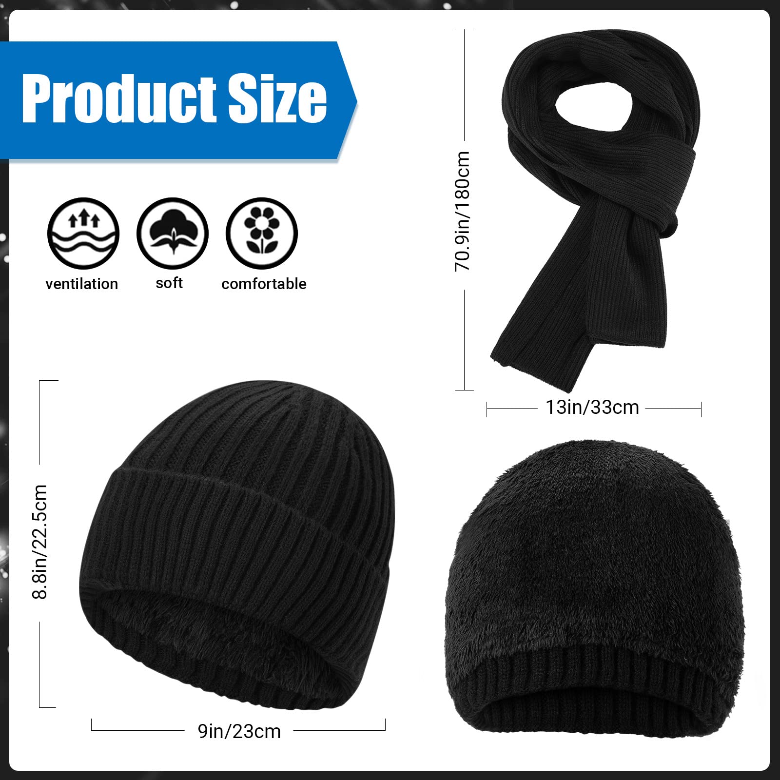 Winter Beanie Hat Gloves Scarf Set for Men, Warm Fleece Knitted Hat Scarf Touchscreen Gloves and Wool Socks (Black)