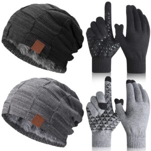 Winter Hats for Men Women Warm Gloves Lined Knit Thick Slouchy Beanie Touch Screen Anti Slip Silicone Gel Winter Gloves (Black, Gray, 2 Set)