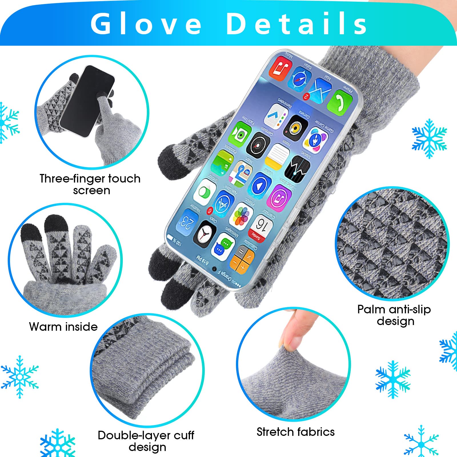 Winter Hats for Men Women Warm Gloves Lined Knit Thick Slouchy Beanie Touch Screen Anti Slip Silicone Gel Winter Gloves (Black, Gray, 2 Set)