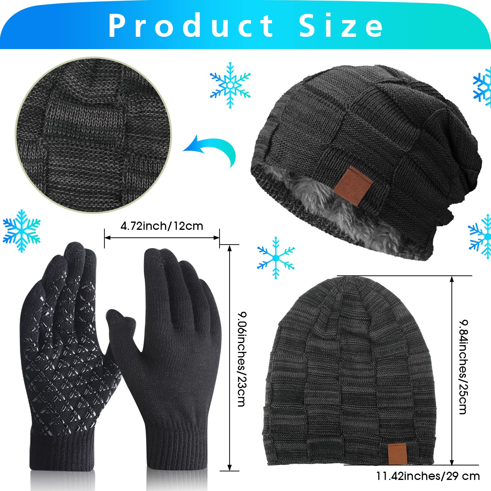 Winter Hats for Men Women Warm Gloves Lined Knit Thick Slouchy Beanie Touch Screen Anti Slip Silicone Gel Winter Gloves (Black, Gray, 2 Set)