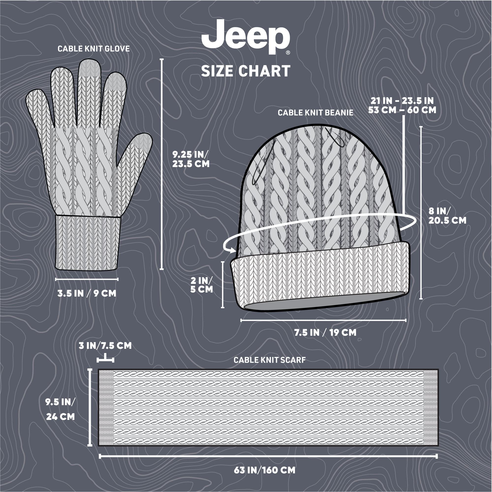 Jeep Men's and Women's 3 Piece Cable Knit Scarf, Beanie, and Gloves Set-Unisex One Size Fits Most, Black