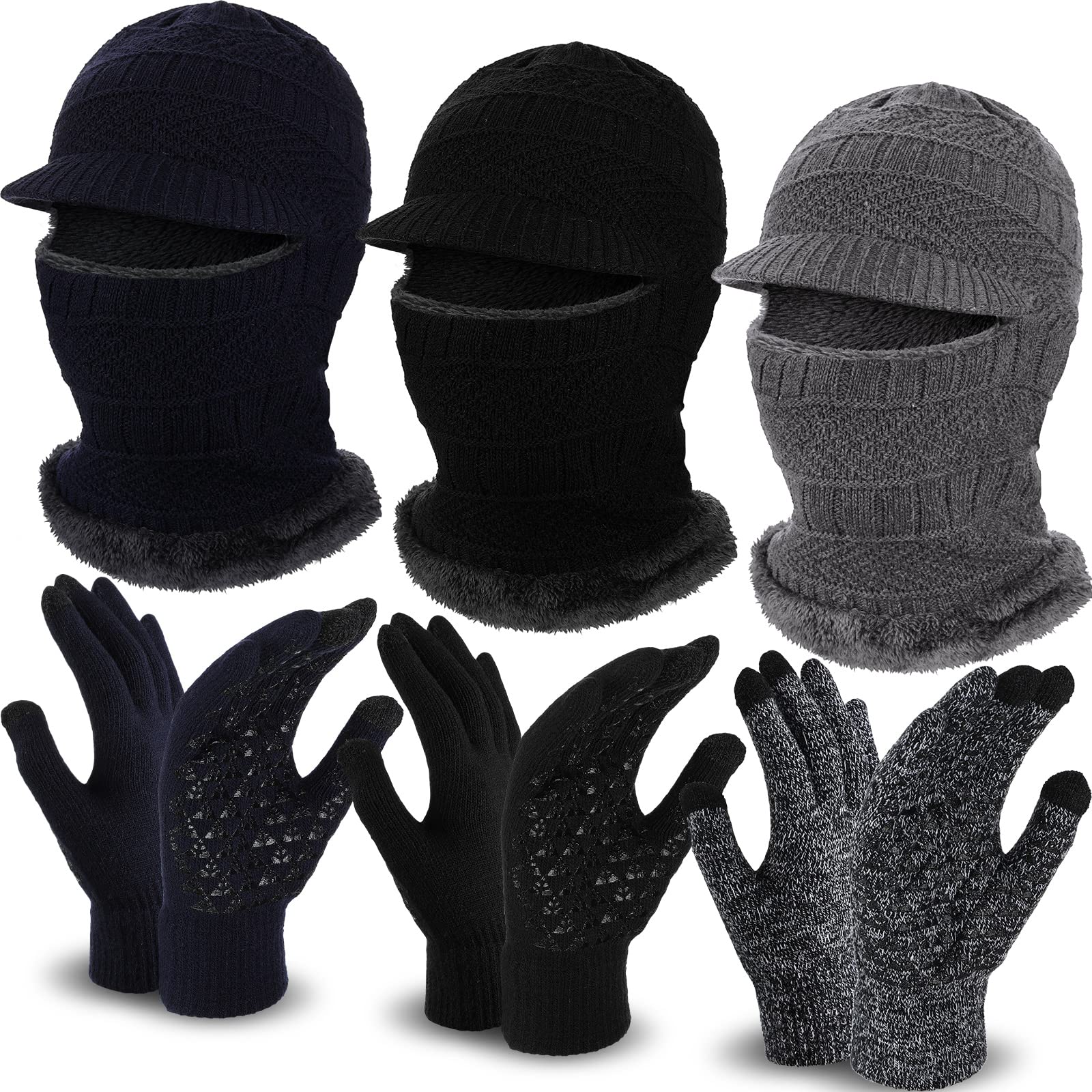 6 Pcs Winter Knit Balaclava Hat Anti Slip Touch Screen Mittens Set Winter Knitted Balaclava Beanie Knitted Winter Hat Thermal Winter Gloves for Men Women Outdoor Sports