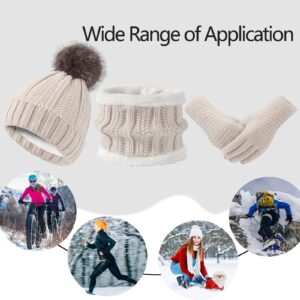 Women Winter Hat Gloves Scarf Set Beanie Knit Warm Neck Scarves Touchscreen Glove Fleece Lined Cold Weather 3 Pack Warmer Wool Cap with Pom Beige Woman Unisex Adult Ladies Para Mujer Gorros