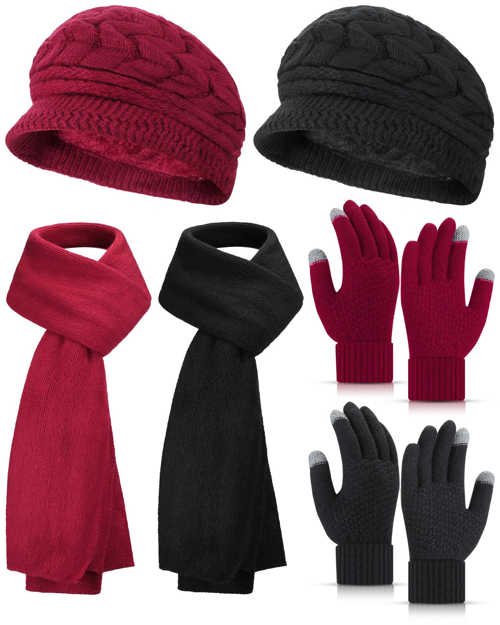 6 Pcs Winter Hat Gloves Scarf Set for Women Warm Knitted Beanie Hat Mittens Scarves Slouchy Visor Hats Scarf Gloves (Black, Date Red)