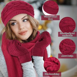 6 Pcs Winter Hat Gloves Scarf Set for Women Warm Knitted Beanie Hat Mittens Scarves Slouchy Visor Hats Scarf Gloves (Black, Date Red)