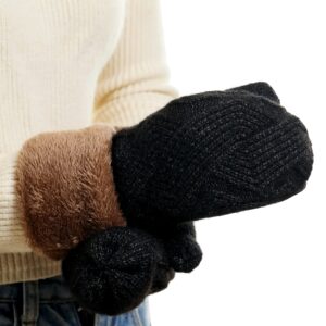 Thick Snow Hat-and-Mittens Set for-Women Black, Warm Faux Fur Pom Pom Beanie-with-Gloves Cute Pompom Ladies Winter Caps