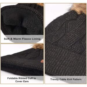 Thick Snow Hat-and-Mittens Set for-Women Black, Warm Faux Fur Pom Pom Beanie-with-Gloves Cute Pompom Ladies Winter Caps