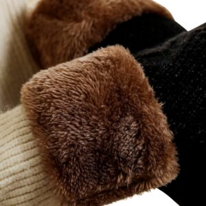 Thick Snow Hat-and-Mittens Set for-Women Black, Warm Faux Fur Pom Pom Beanie-with-Gloves Cute Pompom Ladies Winter Caps