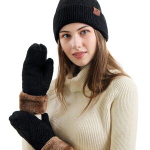 Thick Snow Hat-and-Mittens Set for-Women Black, Warm Faux Fur Pom Pom Beanie-with-Gloves Cute Pompom Ladies Winter Caps