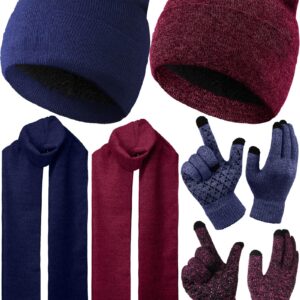 SATINIOR 6 Pieces Winter Warm Knit Beanie Hat Touchscreen Gloves Scarf Set Fleece Lining Skull Caps Neck Scarves, Navy Blue, Wine Red, One Size