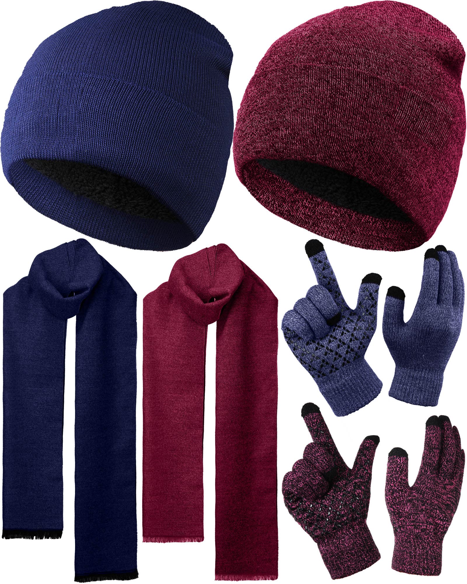 SATINIOR 6 Pieces Winter Warm Knit Beanie Hat Touchscreen Gloves Scarf Set Fleece Lining Skull Caps Neck Scarves, Navy Blue, Wine Red, One Size