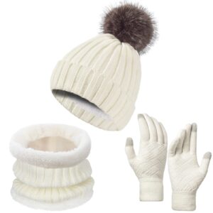 women winter beanie hat scarf touchscreen gloves set white, warm fleece lining with cute pom pom cold weather soft fashion knitted cap lady