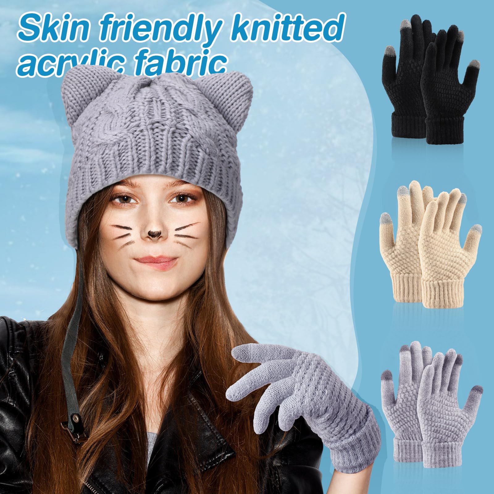 Toulite 3 Sets Winter Beanie Hat Gloves Set Cute Warm Skull Cap Touchscreen Gloves Set Cat Beanie Knitted Hat Touch Screen Knit Gloves for Women Girls Halloween Multicolor