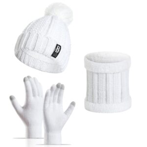 yvechus lady winter warm pom knit beanie hat scarf gloves set touch screen slouchy thick fleece lined 3 in 1 set (xmas white)