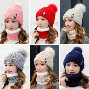 Yvechus Lady Winter Warm Pom Knit Beanie Hat Scarf Gloves Set Touch Screen Slouchy Thick Fleece Lined 3 in 1 Set (Xmas White)