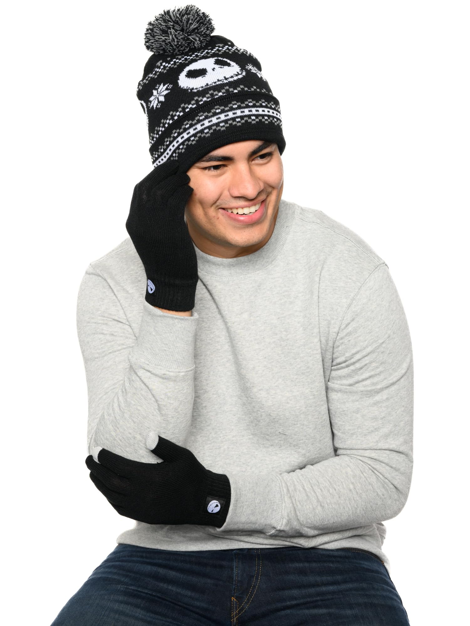 Disney Jack Skellington Womens Knit Beanie Hat and Texting Glove Set (Black)