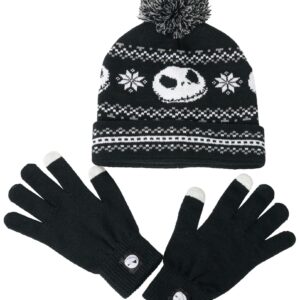 Disney Jack Skellington Womens Knit Beanie Hat and Texting Glove Set (Black)