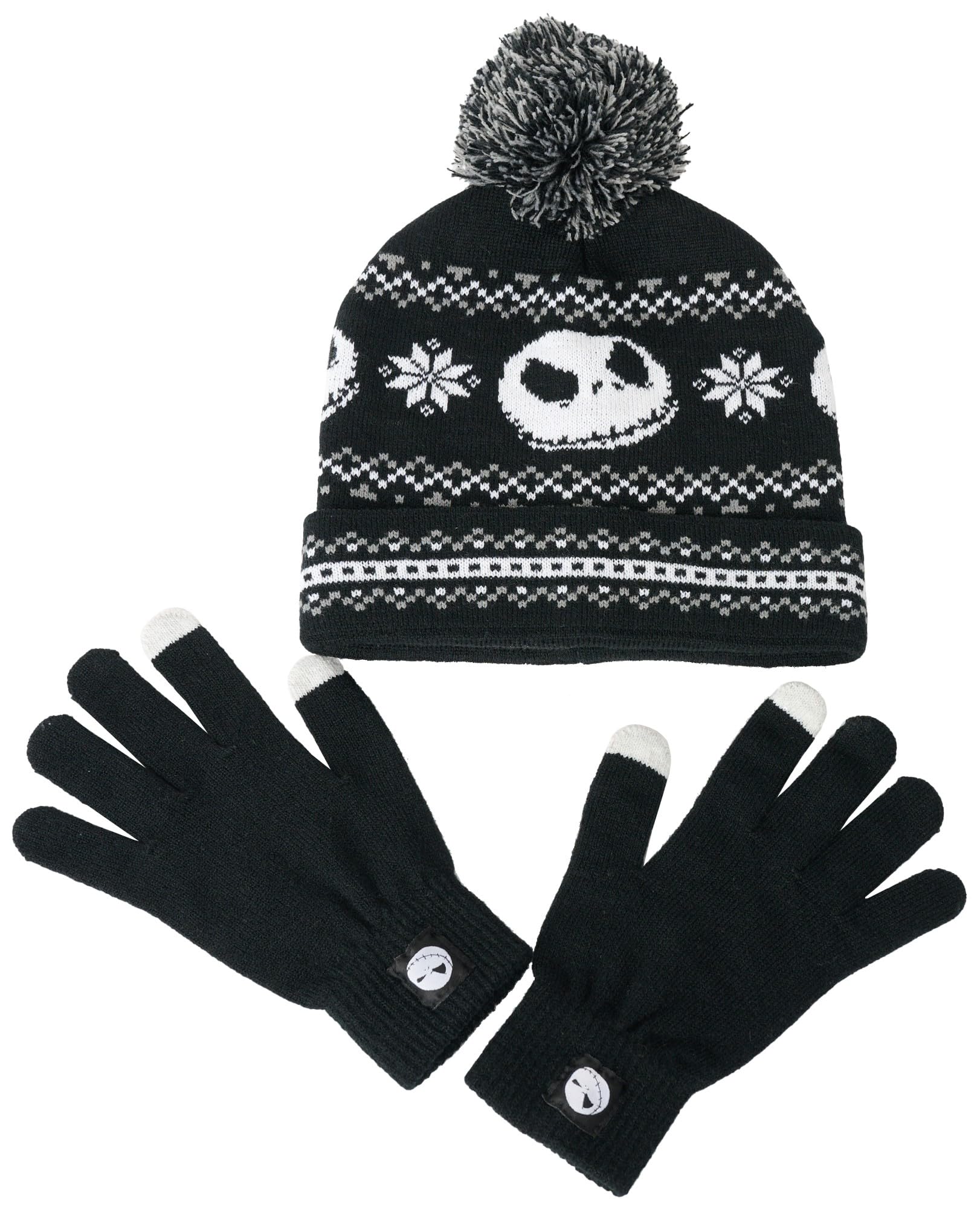Disney Jack Skellington Womens Knit Beanie Hat and Texting Glove Set (Black)