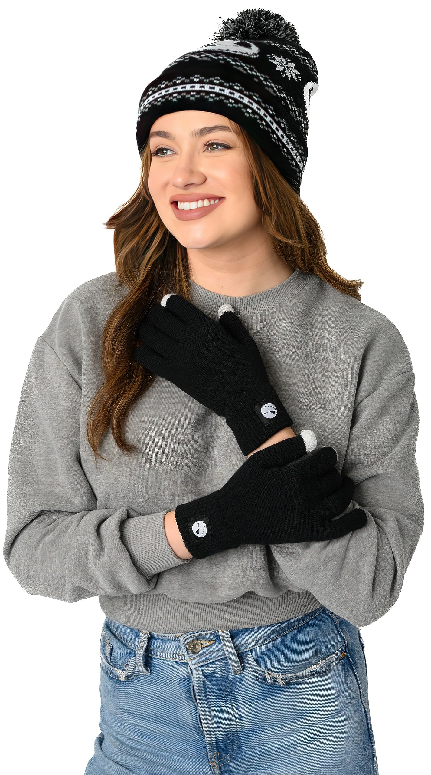 Disney Jack Skellington Womens Knit Beanie Hat and Texting Glove Set (Black)