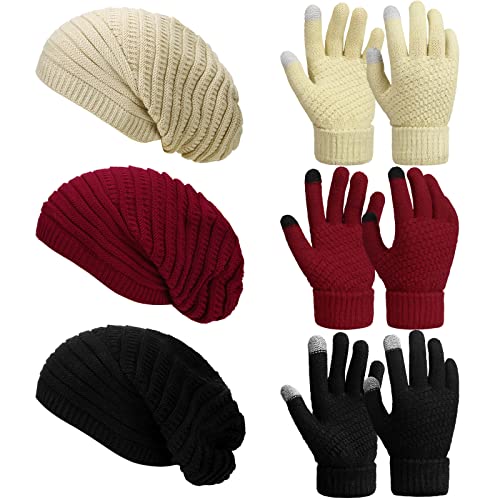 Funtery 6 Pcs Slouchy Beanie Hats Gloves Set for Women Slouchy Beanie Winter Gloves Touchscreen Chunky Knit Hats for Women