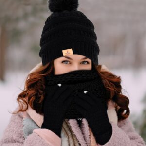 Winter Hat Scarf Gloves and Face Mask, Warm Knit Beanie Pompom Hat Touchscreen Gloves Set Gifts Circle Scarves for Women…