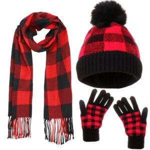 CRUOXIBB Winter Soft Stretch Buffalo Plaid Cuff Beanie Hat Thick Chunky Warm Knit Skull Ski Cap (Black/red+Glove+Scarf)