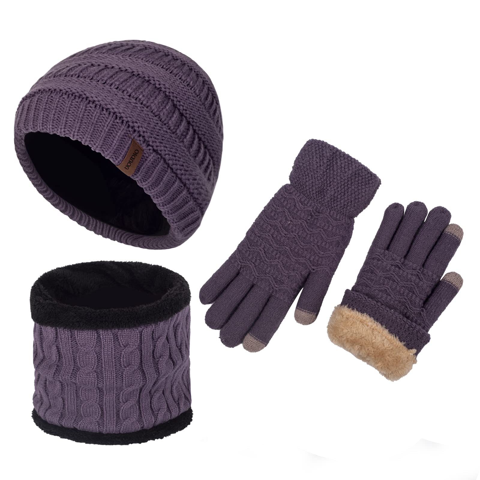 Women Beanie Hat Gloves and Scarf Set Winter Warm Knit Cap Thick Fleece Lined Neck Warmer Purple Snow Ski Cold Weather, Gorras Gorros Guantes Bufandas de Invierno para Mujer, Gift for Mom