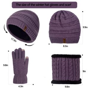 Women Beanie Hat Gloves and Scarf Set Winter Warm Knit Cap Thick Fleece Lined Neck Warmer Purple Snow Ski Cold Weather, Gorras Gorros Guantes Bufandas de Invierno para Mujer, Gift for Mom