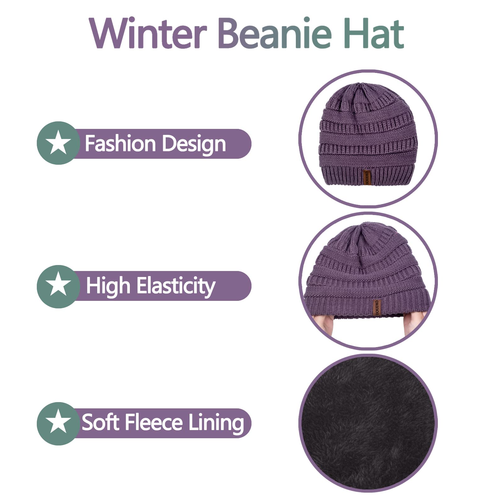 Women Beanie Hat Gloves and Scarf Set Winter Warm Knit Cap Thick Fleece Lined Neck Warmer Purple Snow Ski Cold Weather, Gorras Gorros Guantes Bufandas de Invierno para Mujer, Gift for Mom